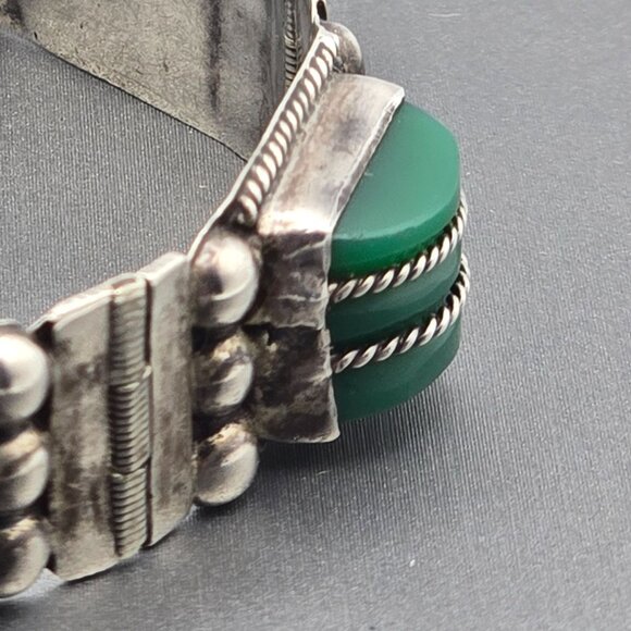 VTG RRA Mexican Sterling Silver Green Onyx Panel Link Bracelet 7" Rope Detail 40 - Picture 5 of 16